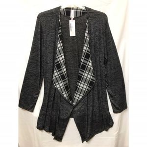 Gray Plaid-Accent Open Cardigan - Plus